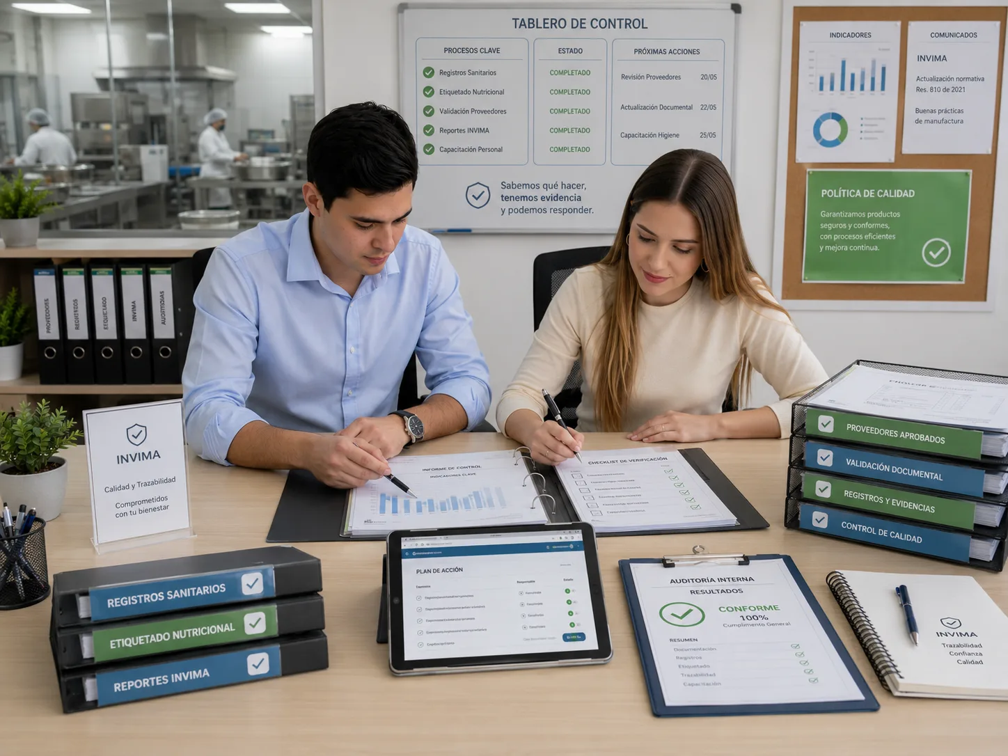 Equipo con tablero de control, registros organizados y evidencia sanitaria lista