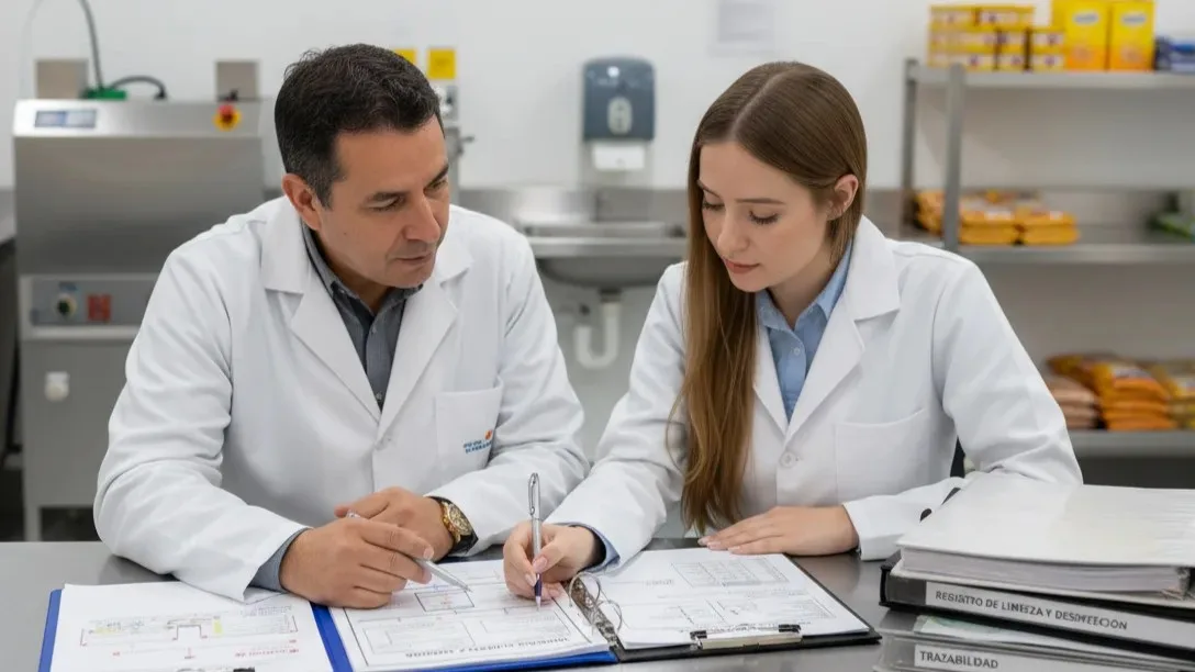 Equipo técnico revisando documentos y proceso de auditoría sanitaria