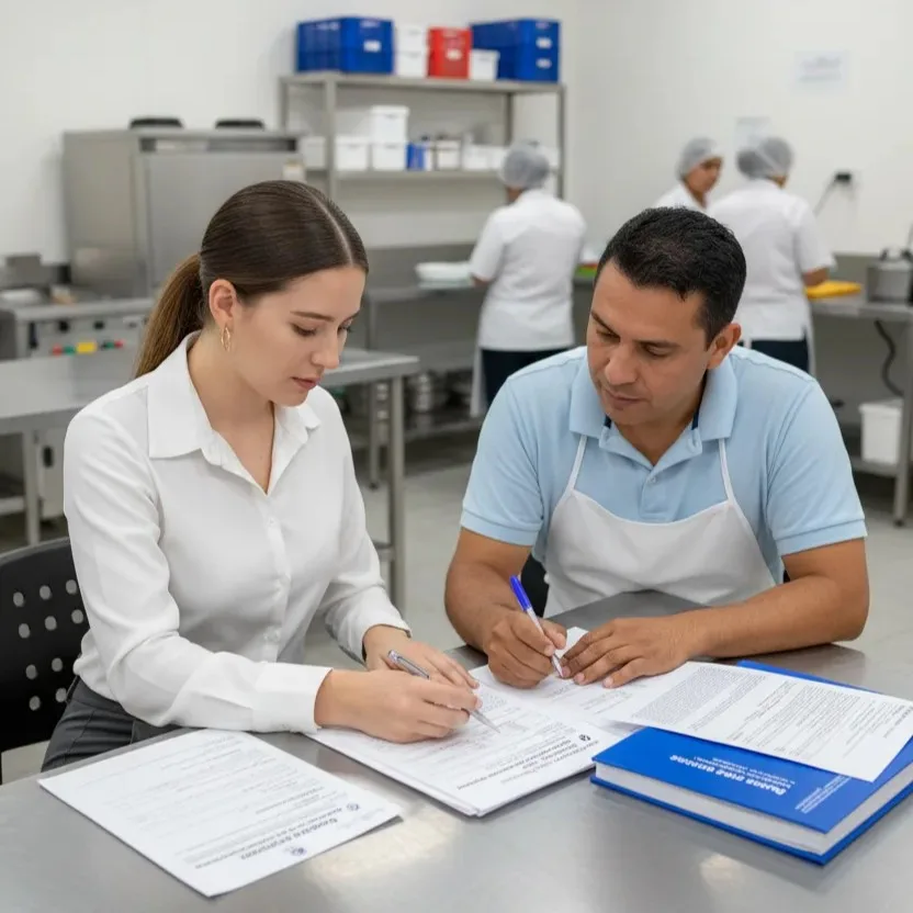 Asesoría sanitaria revisando condiciones BPM en operación de alimentos