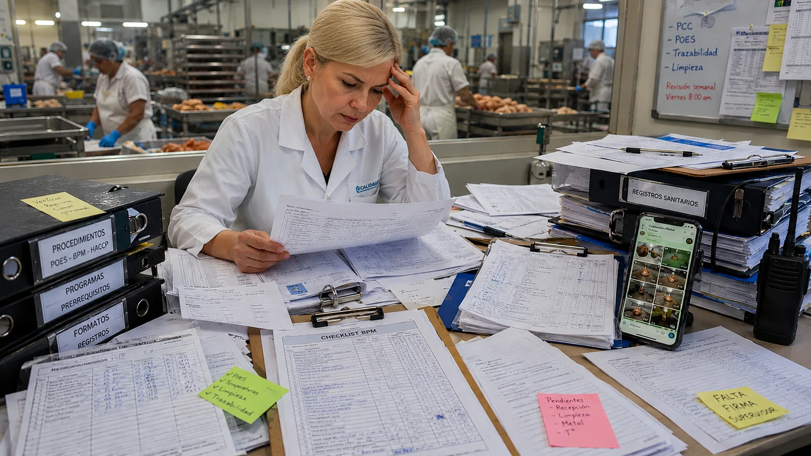 Documentos físicos y evidencias dispersas en una operación de alimentos